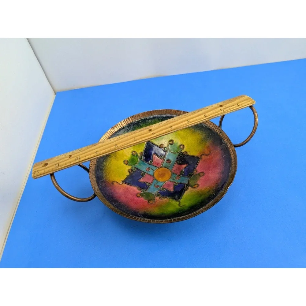 Vtg Indian Copper Brass Platter Prayer Colorful Enamel Bowl Platter Boho Handles